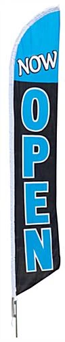 14' Feather Flag & Ground Spike With Pre-printed NOW OPEN Message - Blue & Black