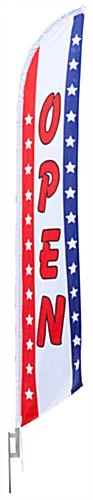 14' Feather Flag & Ground Spike With Pre-printed OPEN Message - Red, White & Blue