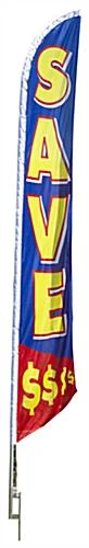 14' Feather Flag & Ground Spike With Pre-printed SAVE $$$ Message - Yellow & Blue