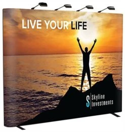 10' Pop Up Trade Show Backdrop, Custom Graphics, Spotlights, Portable