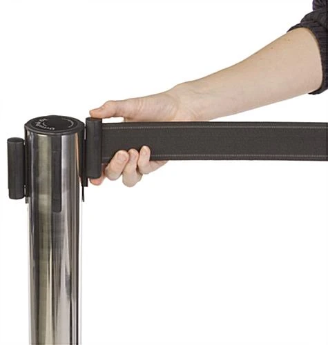 QueuePole.Deluxe Round 40" Stanchion Post With 9.5' Black Retractable Belt - Chrome 4 QueuePole.Deluxe Round 40" Stanchion Post With 9.5' Black Retractable Belt - Chrome - Image 2