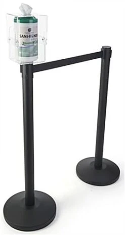QueuePole.Economy 2 Stanchion Posts W/ Black Belt, Wipe Dispenser Topper - Black