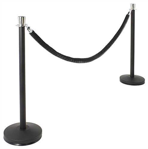 QueuePole Round (2) 39" Black Stanchion Posts W/ Chrome Tops & 6.5' Black Rope 3 QueuePole Round (2) 39" Black Stanchion Posts W/ Chrome Tops & 6.5' Black Rope