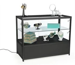 48" Retail Display Case W/Cabinet, LED Side Lights, Slide Doors, Unassembled - Black