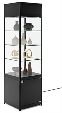 20" Display Case W/ LED Lights, Glass Shelves, Locking Hinged Door - Black