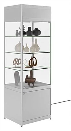 24" Display Case W/ LED Lights, Adjustable Shelves, Locking Hinged Door - Silver