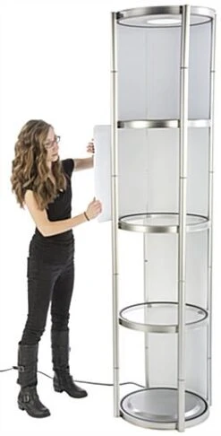 80.25" Portable Round Twist Tower W/Shelves, Top Light, White & Clear Panels - Silver -LuxeDisplay Shop slvtwst2ml.ra4 preview