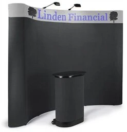 10' Curved Pop Up Display W/ Custom Header, 2 Spotlights & Portable Counter - Black