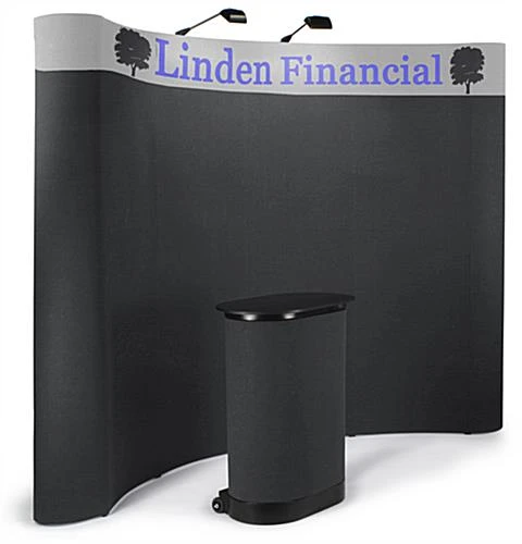 10' Curved Pop Up Display W/ Custom Header, 2 Spotlights & Portable Counter - Black 3 10' Curved Pop Up Display W/ Custom Header, 2 Spotlights & Portable Counter - Black