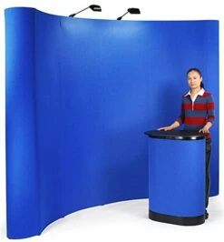 10' Curved Pop Up Display W/ Hook-and-Loop Fabric, Counter & 2 Spotlights - Blue