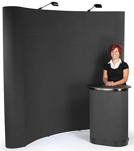 8' Curved Pop Up Display W/ Hook-and-Loop Fabric, Counter & 2 Spotlights - Black 3 8' Curved Pop Up Display W/ Hook-and-Loop Fabric, Counter & 2 Spotlights - Black