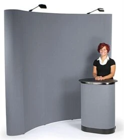 8' Curved Pop Up Display W/ Hook-and-Loop Fabric, Counter & 2 Spotlights - Gray