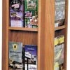 2-Tiered Wood Literature Holder, 4"/8.5"w Tabletops, Rotating, Pockets - Medium Oak