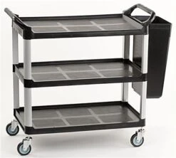 40"w Bus Cart With 1 Side Trash Bin, 3 Shelves - Black