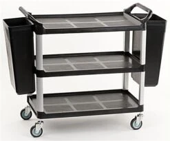 40"w Bus Cart With 2 Side Trash Bins, 3 Shelves - Black