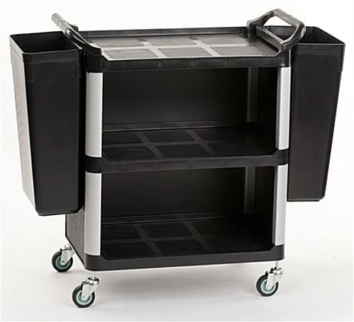 32"w Enclosed Bus Cart With 2 Side Trash Bins - Black 3 32"w Enclosed Bus Cart With 2 Side Trash Bins - Black