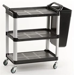 32"w Bus Cart With 1 Side Trash Bin, 3 Shelves - Black