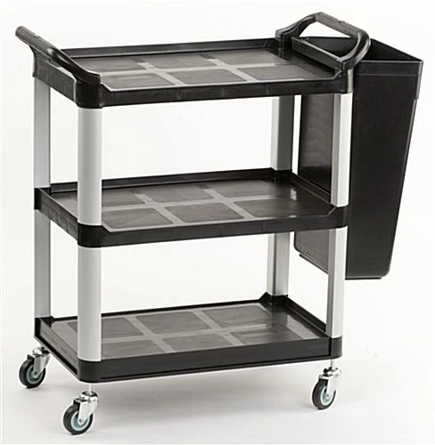 32"w Bus Cart With 1 Side Trash Bin, 3 Shelves - Black 3 32"w Bus Cart With 1 Side Trash Bin, 3 Shelves - Black