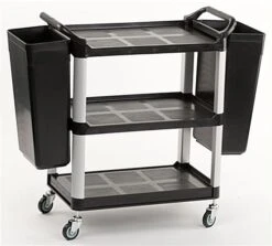 32"w Bus Cart With 2 Side Trash Bins, 3 Shelves - Black