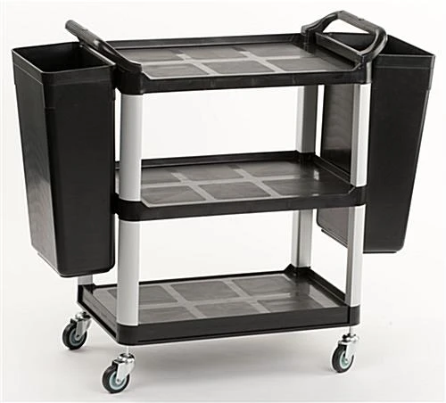 32"w Bus Cart With 2 Side Trash Bins, 3 Shelves - Black 3 32"w Bus Cart With 2 Side Trash Bins, 3 Shelves - Black