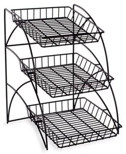 22.5" Tiered Wire Rack, Countertop, 3 Shelves With Wicker Baskets - Black -LuxeDisplay Shop wb3t1212bk.ra2 preview