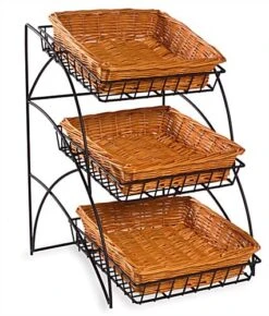 22.5" Tiered Wire Rack, Countertop, 3 Shelves With Wicker Baskets - Black