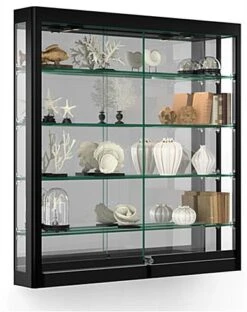39 X 39 Wall Mounted Display Case W/Mirror Back & 2 Top LED Lights, Locking - Black