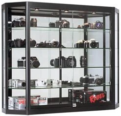 4x3 Wall Mounted Display Case W/Mirror Back & 3 Top LED Lights, Locking - Black