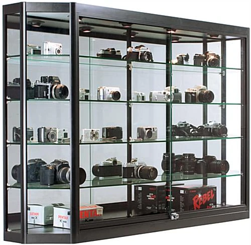 5x3 LED Wall Mounted Display Case W/Mirror Back, Sliding Doors, Locking - Black 3 5x3 LED Wall Mounted Display Case W/Mirror Back, Sliding Doors, Locking - Black