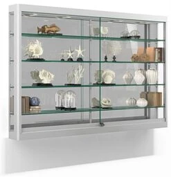 5ft. Wall Mounted Display Case W/4 Top LED Lights & Mirror Back, Locking - Silver