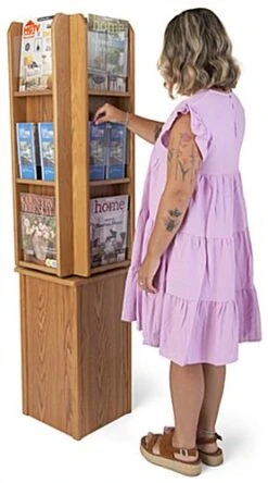 4-Sided Literature Floor Stand, 4"/8.5"w, 12/24 Pockets, Rotating - Medium Oak -LuxeDisplay Shop wdflmo.ra5 preview