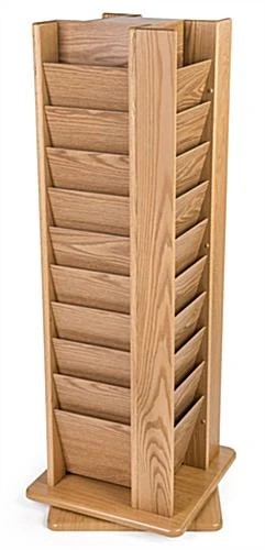 10-Tiered Magazine Floor Stands, 8.5"w, 40 Pockets, Rotating - Light Oak