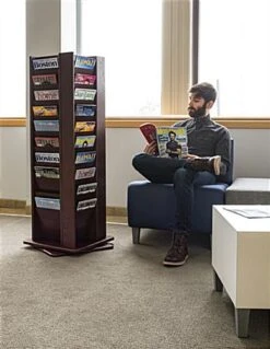 10-Tiered Magazine Floor Stands, 8.5"w, 40 Pockets, Rotating - Mahogany -LuxeDisplay Shop wdflsp40rm.renv preview
