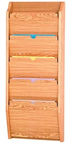 14”w Hanging File Holder, 5-Tiered, Wall Mount, HIPAA Compliant - Light Oak