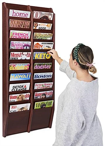 10-Tiered Wood Magazine Wall Rack, 8.5"w, 20 Pockets - Mahogany 8 10-Tiered Wood Magazine Wall Rack, 8.5"w, 20 Pockets - Mahogany - Image 6