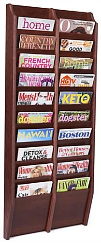 10-Tiered Wood Magazine Wall Rack, 8.5"w, 20 Pockets - Mahogany