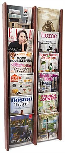 6-Tiered Wood Literature Wall Rack, 4"/8.5"w, 12-24 Pockets - Mahogany