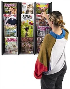 4-Tiered Wood Literature Wall Rack, 4"/8.5"w, 12-24 Pockets - Black -LuxeDisplay Shop wmac3r12bk.ra5 preview