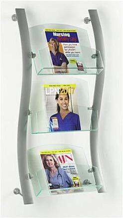 3-Tiered Literature Wall Rack, 4"/8.5"w, 3-6 Pockets, Curved - Silver
