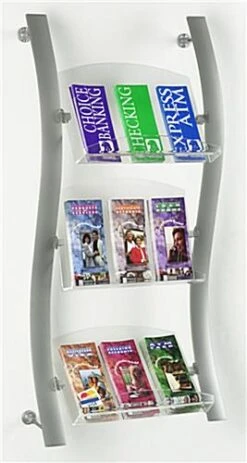 3-Tiered Metal Wall Literature Rack, 4"/8.5"w, 6-9 Pockets, Curved - Silver