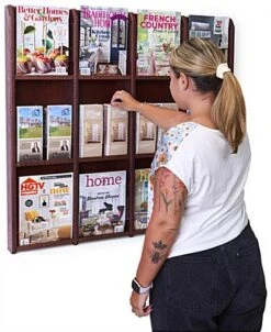 2-Tiered Wood Literature Wall Rack, 4"/8.5"w, 12-24 Pockets - Mahogany -LuxeDisplay Shop wmlm12rm.ra6 preview