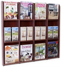 2-Tiered Wood Literature Wall Rack, 4"/8.5"w, 12-24 Pockets - Mahogany