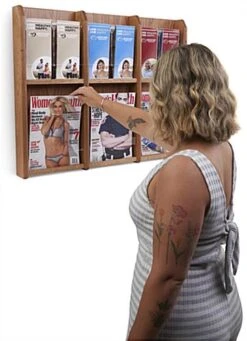 2-Tiered Wood Literature Wall Rack, 4"/8.5"w, 6-12 Pockets - Medium Oak -LuxeDisplay Shop wmlm6mo.ra6 preview