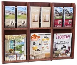 2-Tiered Wood Literature Wall Rack, 4"/8.5"w, 6-12 Pockets - Mahogany