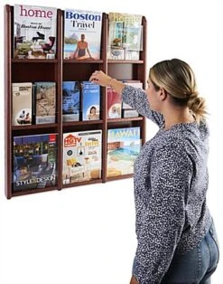 3-Tiered Wood Literature Wall Rack, 4"/8.5"w, 9-18 Pockets - Mahogany 14 3-Tiered Wood Literature Wall Rack, 4"/8.5"w, 9-18 Pockets - Mahogany -LuxeDisplay Shop wmlm9rm.ra5 preview