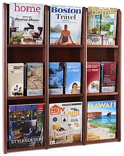 3-Tiered Wood Literature Wall Rack, 4"/8.5"w, 9-18 Pockets - Mahogany 3 3-Tiered Wood Literature Wall Rack, 4"/8.5"w, 9-18 Pockets - Mahogany