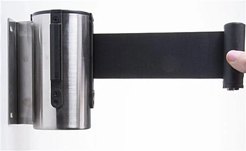 QueuePole.Economy Wall Mounted Retractable 7' Stanchion Belt - Black & Silver 6 QueuePole.Economy Wall Mounted Retractable 7' Stanchion Belt - Black & Silver - Image 4