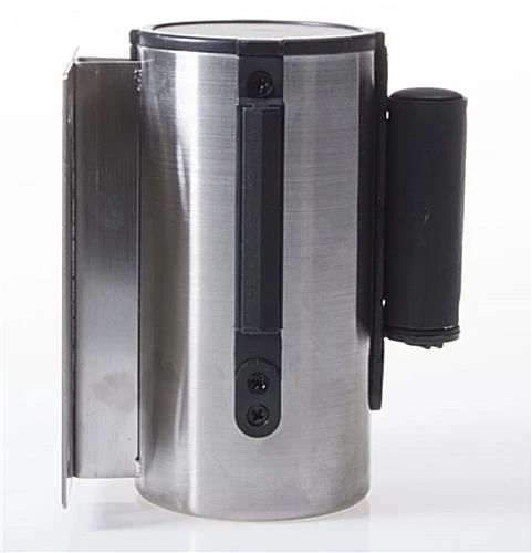 QueuePole.Economy Wall Mounted Retractable 7' Stanchion Belt - Black & Silver 3 QueuePole.Economy Wall Mounted Retractable 7' Stanchion Belt - Black & Silver