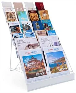 6-Tiered Wire Literature Rack, 4/8.5"w, Tabletop, Header - White