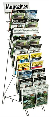10-Tiered Wire Magazine Floor Stand, 8.5"w, 20 Pockets, Header - Black